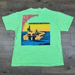 Vintage Newport Blue Shirt Adult L Neon Green Highlighter Sport Fishing Weekend‎
